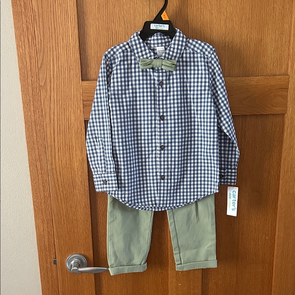 Carter's Blue Checkered Shirt with Green Bow Tie and Pants